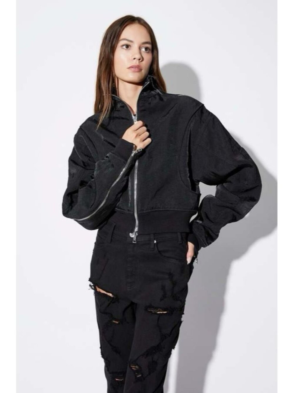 RtA Dulce Bomber Jacket Cropped Black Zipper Sleeves Edgy Womens Size Small